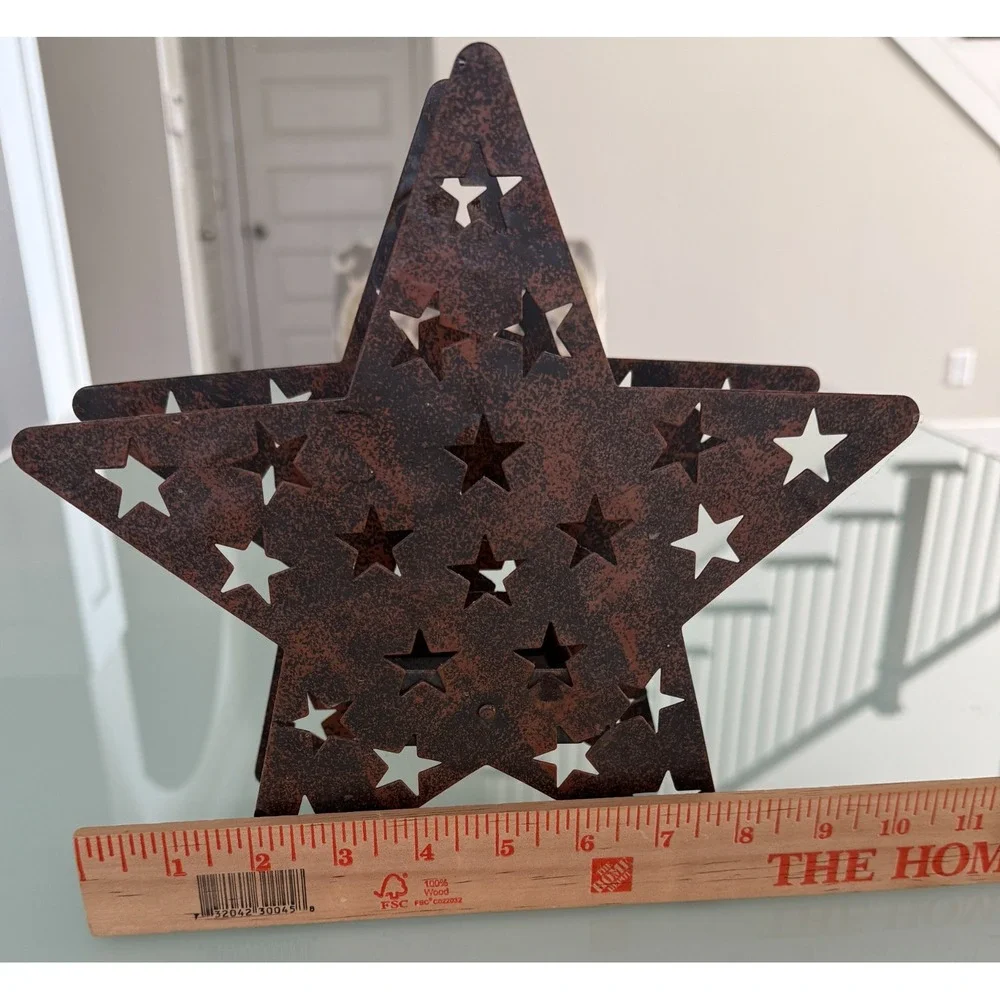 Rustic Metal Star Lantern Candle Holder Star Cut outs Inner Square Compartment